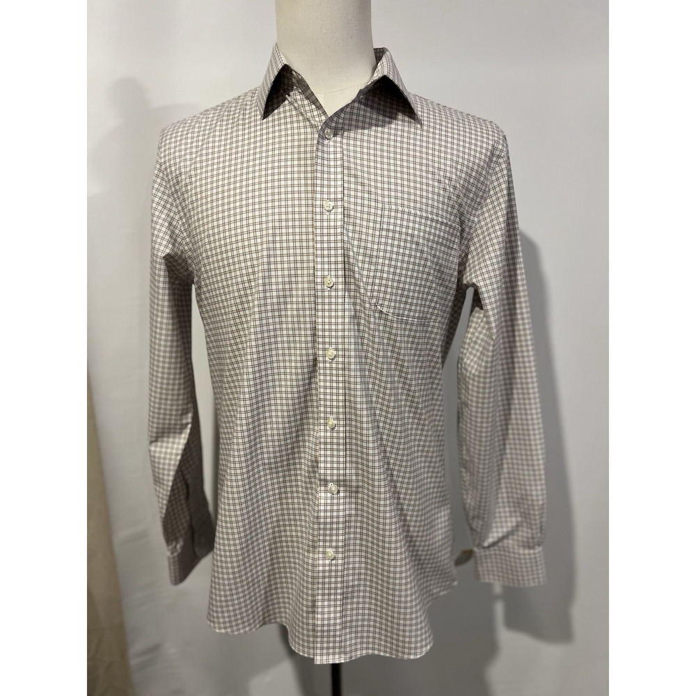 Brooks Brothers 1818 Shirt‎ Size 15.5x34 Slim Plaid Print White Cream And Blue